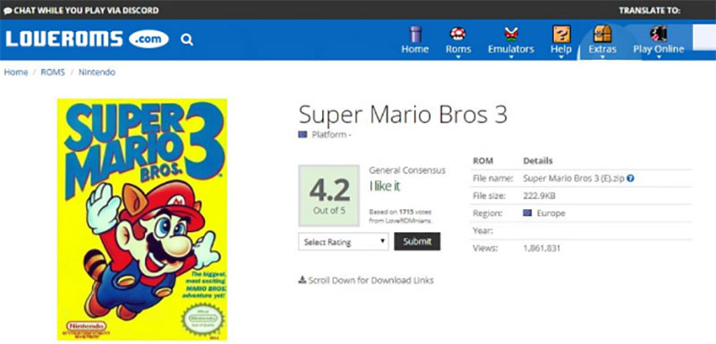 A screengrab of a Nintendo game appearing on Loveroms.com